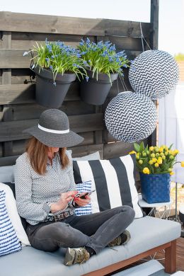 Relax on your balcony with beautiful hanging pots of blue grapes (muscari).